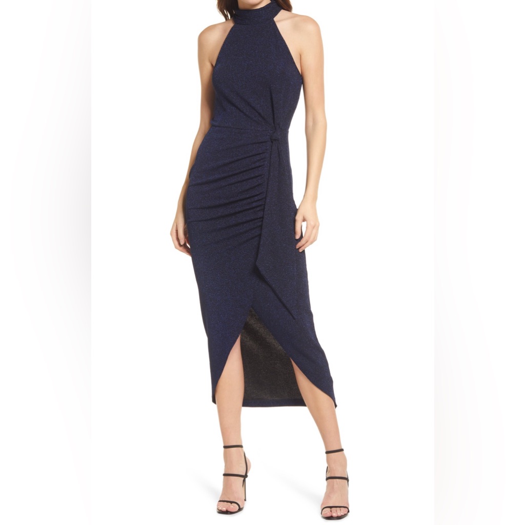 Saylor Navy Sparkle Aida Halter Bodycon Midi Dress Nwot